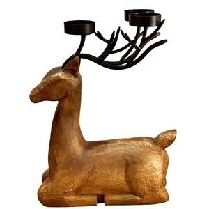 Rustic Wood Reindeer Vintage Holiday Large Tealight Antler Candelabra